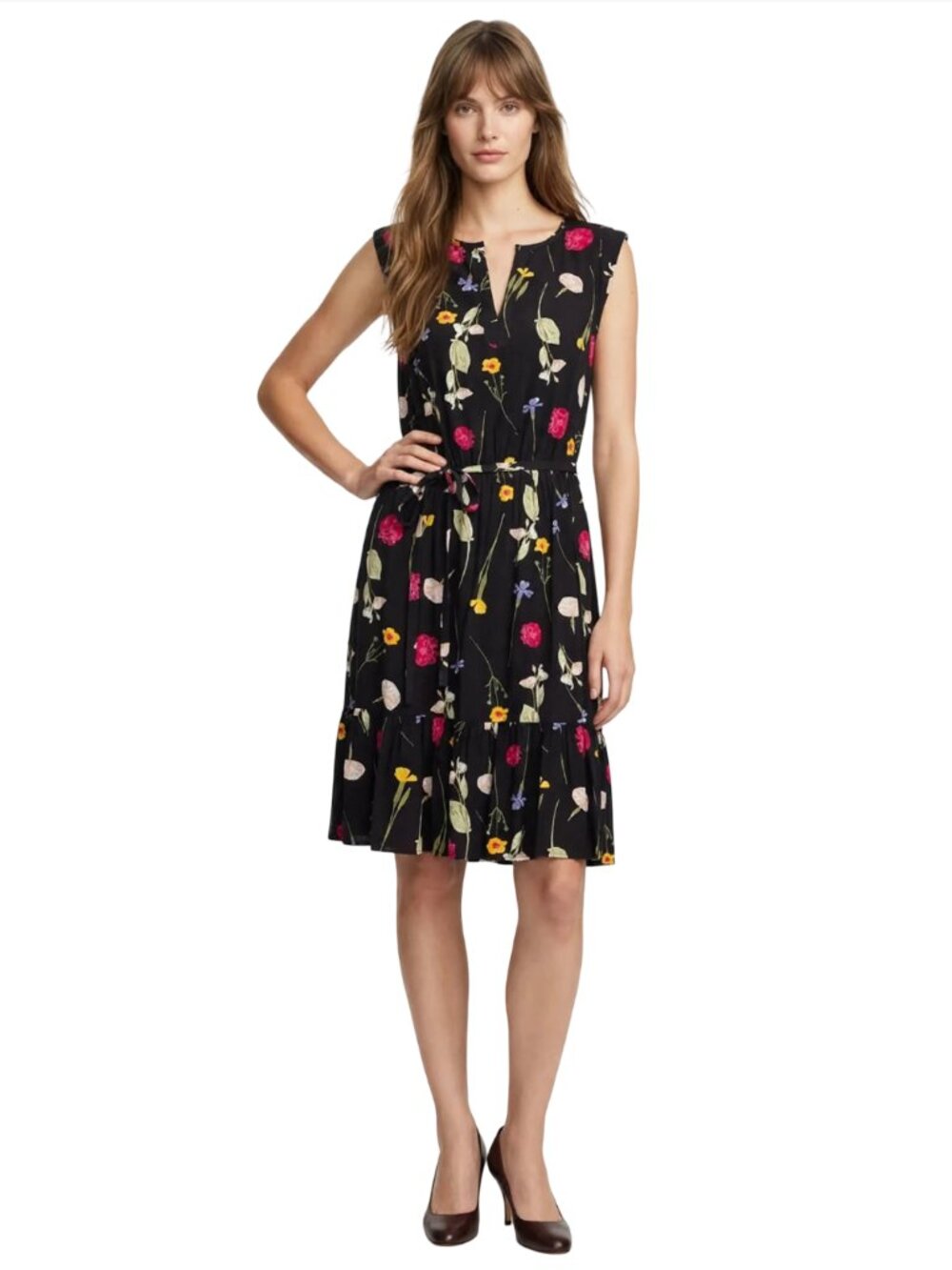 LOFT 100% Rayon Dress Floral Sleeveless V-Neck Ruffled Tiered Flounce Colourful